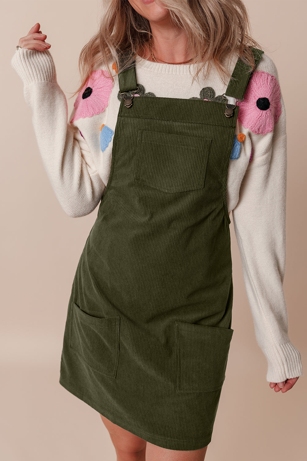 Blue Zone Planet | Vineyard Green Solid Front Pockets Sleeveless Corduroy Overall Dress-TOPS / DRESSES-[Adult]-[Female]-2022 Online Blue Zone Planet