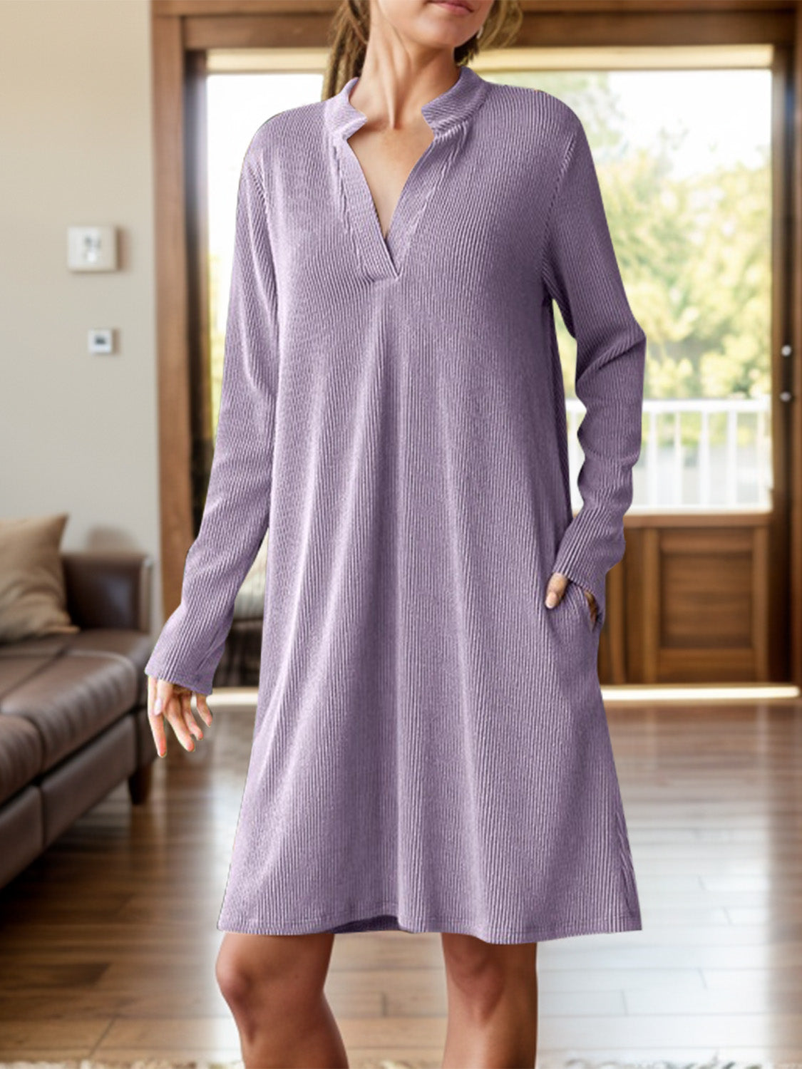 Blue Zone Planet | Notched Long Sleeve Mini Dress with Pockets-TOPS / DRESSES-[Adult]-[Female]-2022 Online Blue Zone Planet