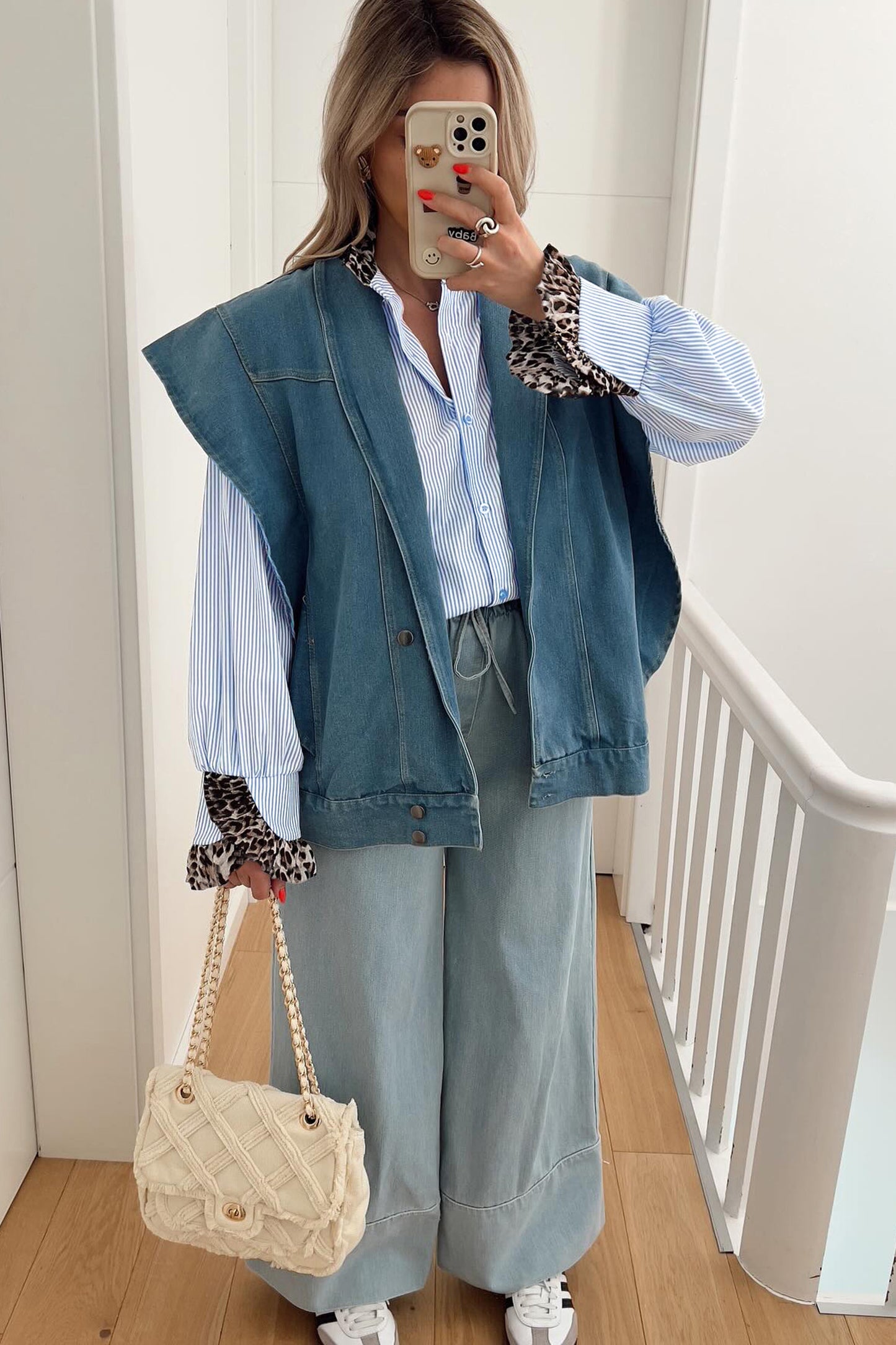 Sky Blue Stripe Ruffled Leopard Patchwork Long Sleeve Button Down Loose Shirt-Tops/Blouses & Shirts-[Adult]-[Female]-2022 Online Blue Zone Planet