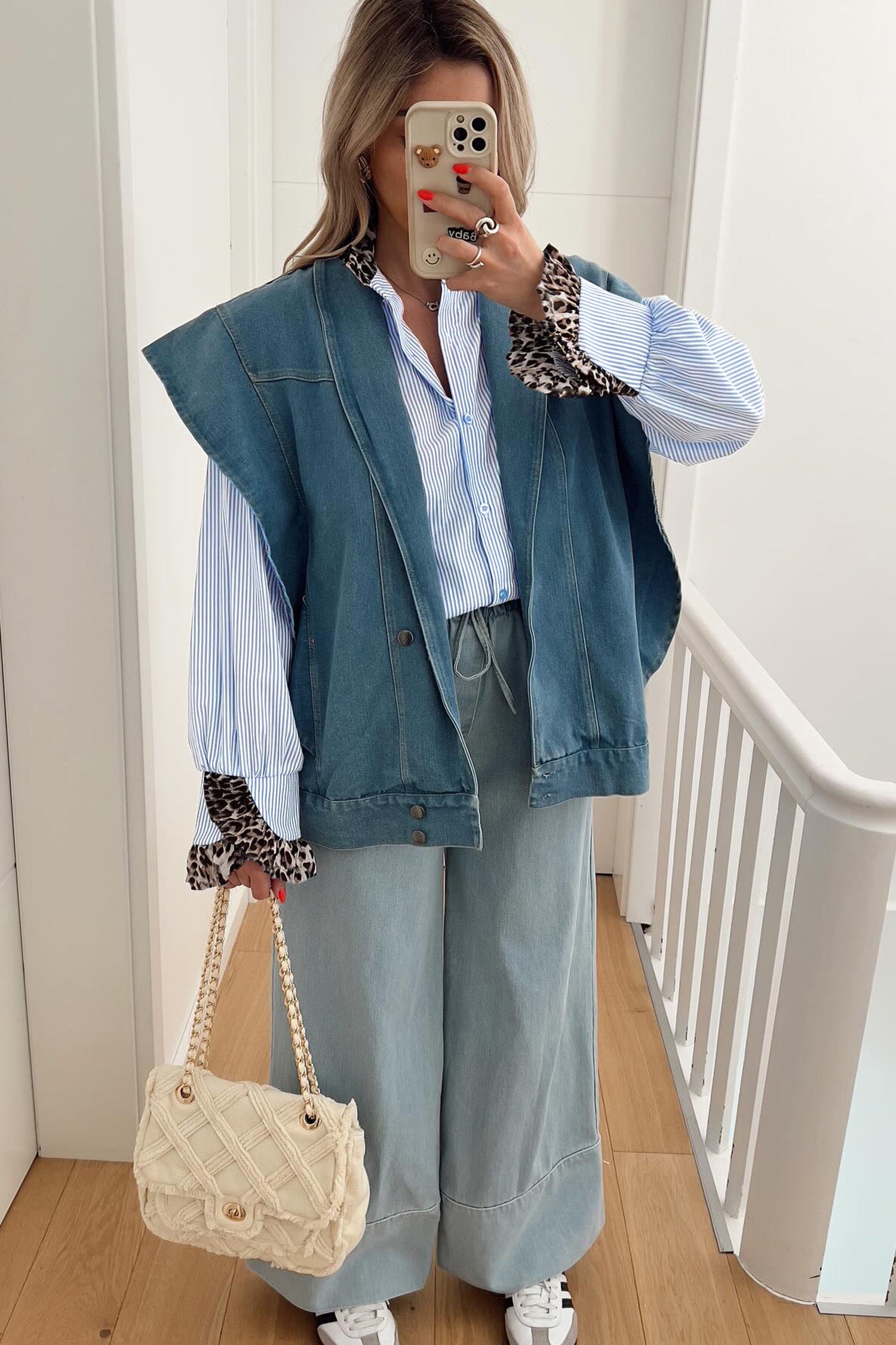 Sky Blue Stripe Ruffled Leopard Patchwork Long Sleeve Button Down Loose Shirt-Tops/Blouses & Shirts-[Adult]-[Female]-2022 Online Blue Zone Planet