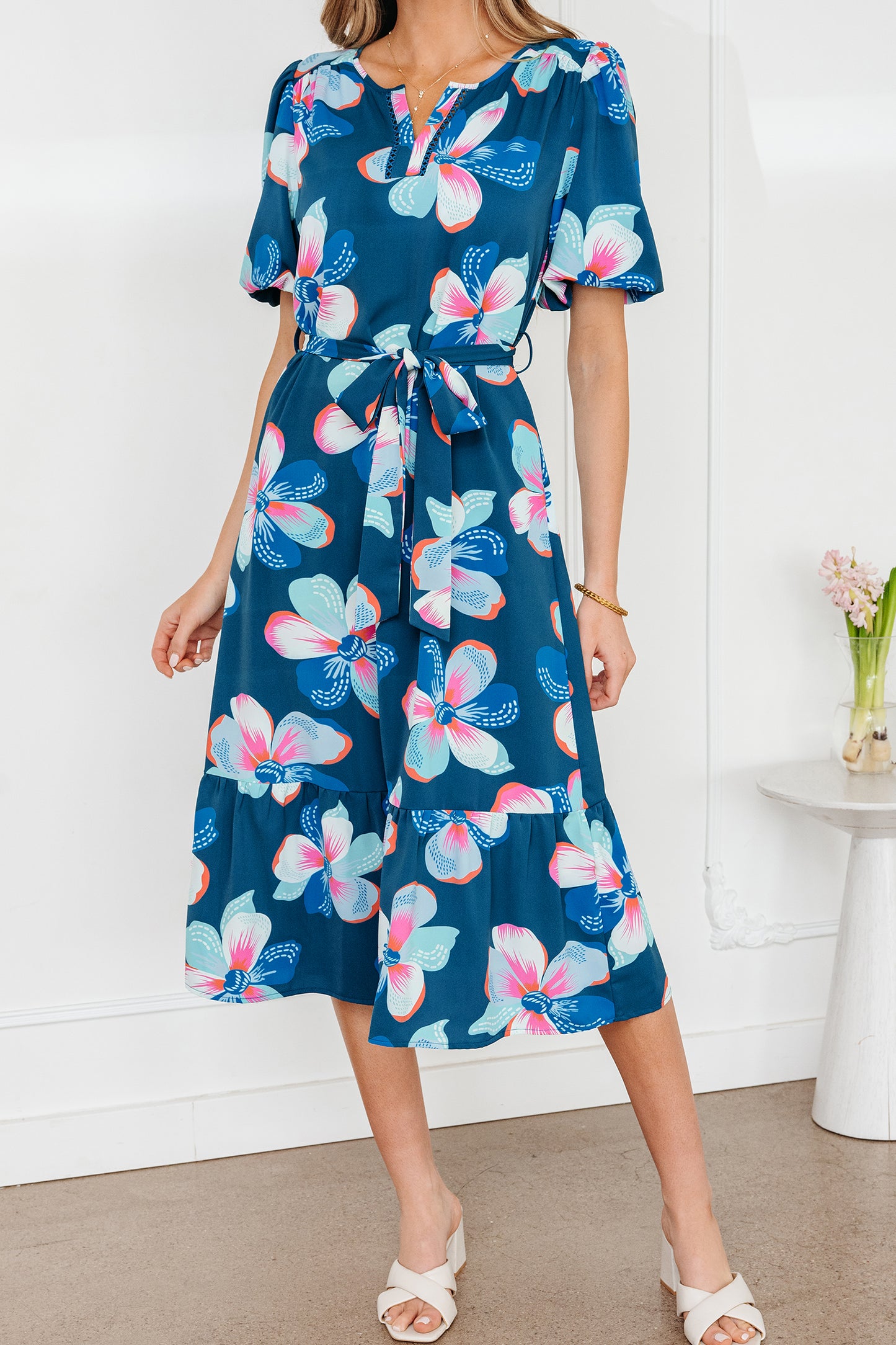 Blue Floral Print Short Puff Sleeve Ruffle Hem Belted Long Dress-TOPS / DRESSES-[Adult]-[Female]-2022 Online Blue Zone Planet