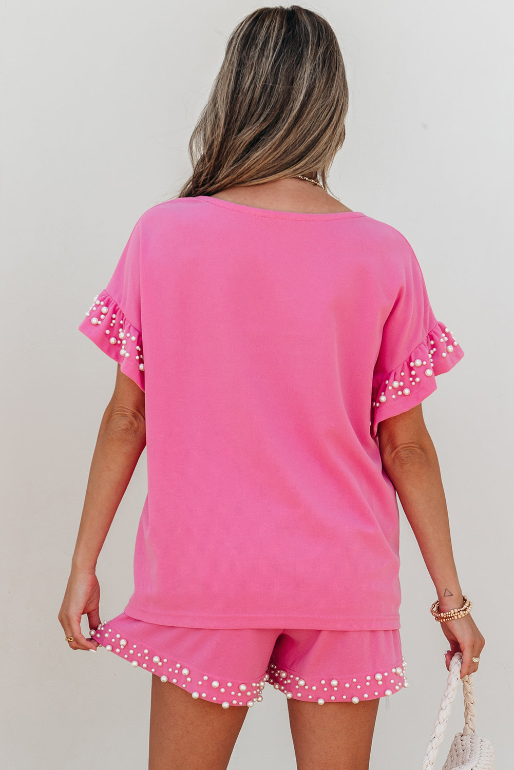 Bright Pink Textured Pearled Ruffle Sleeve Top 2 Piece Shorts Set-Two Piece Sets/Short Sets-[Adult]-[Female]-2022 Online Blue Zone Planet