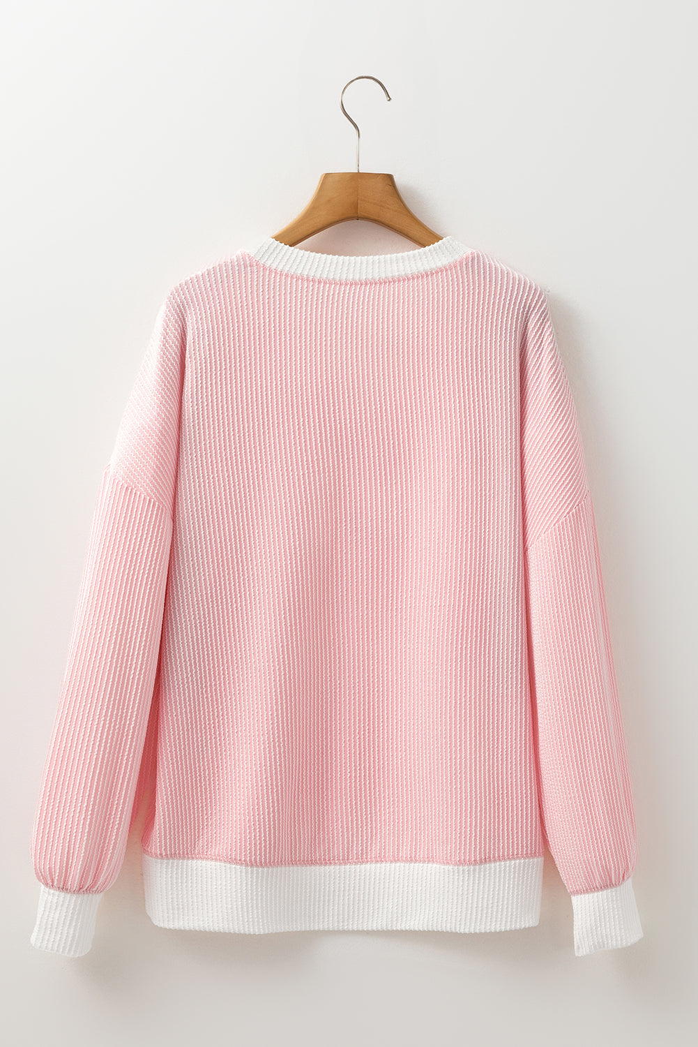Blue Zone Planet | Peach Blossom Corded Colorblock Drop Shoulder Loose Top-Tops/Long Sleeve Tops-[Adult]-[Female]-2022 Online Blue Zone Planet