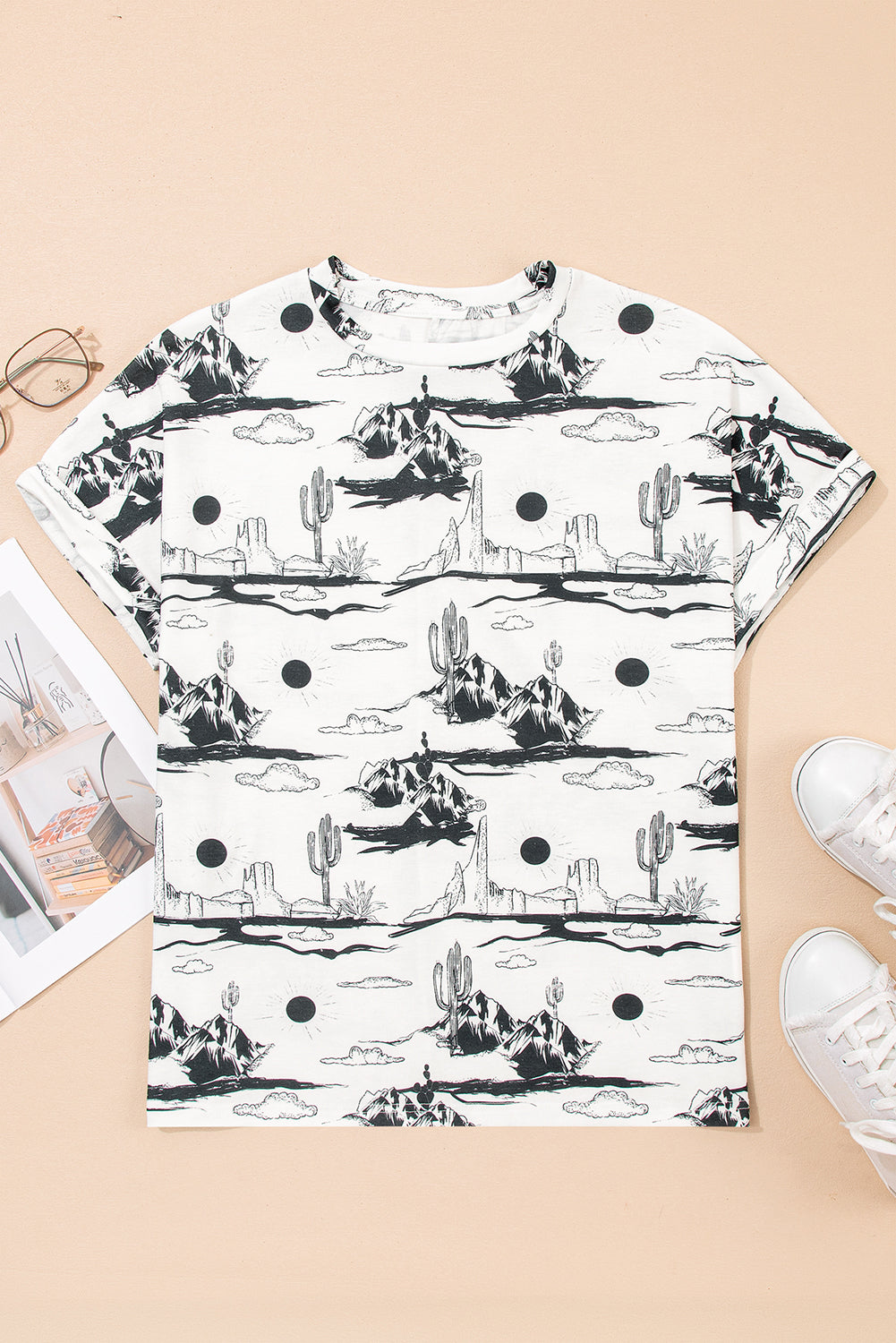 White Desert Sand Print Short Sleeve Knit Top-Tops/Tops & Tees-[Adult]-[Female]-2022 Online Blue Zone Planet