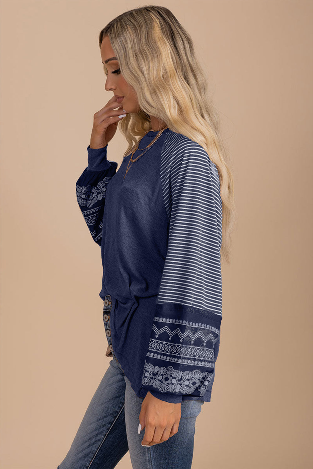 Navy Blue Contrast Print Striped Raglan Long Sleeve Loose Top-Tops/Long Sleeve Tops-[Adult]-[Female]-2022 Online Blue Zone Planet