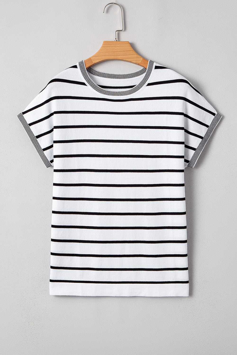 White Stripe Knitted Bat Sleeve T Shirt-Sweaters & Cardigans/Short Sleeve Sweaters-[Adult]-[Female]-2022 Online Blue Zone Planet
