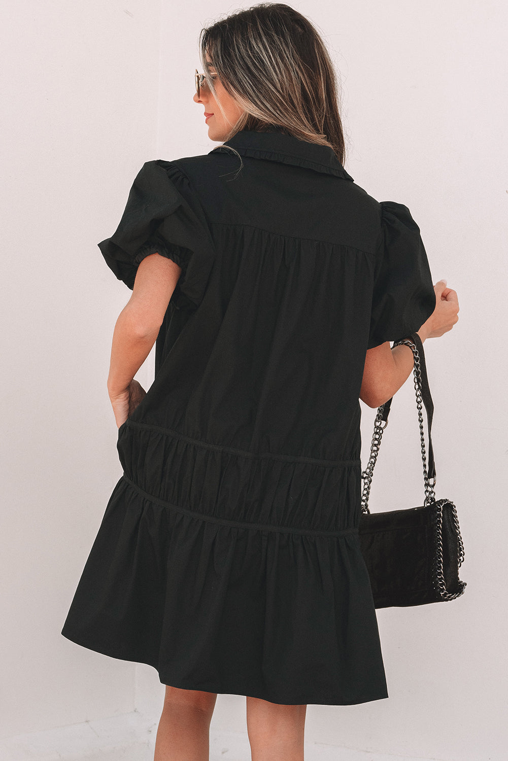 Black Shirt Style Button Down Puff Sleeve Ruffle Hem Dress-Dresses/Mini Dresses-[Adult]-[Female]-2022 Online Blue Zone Planet