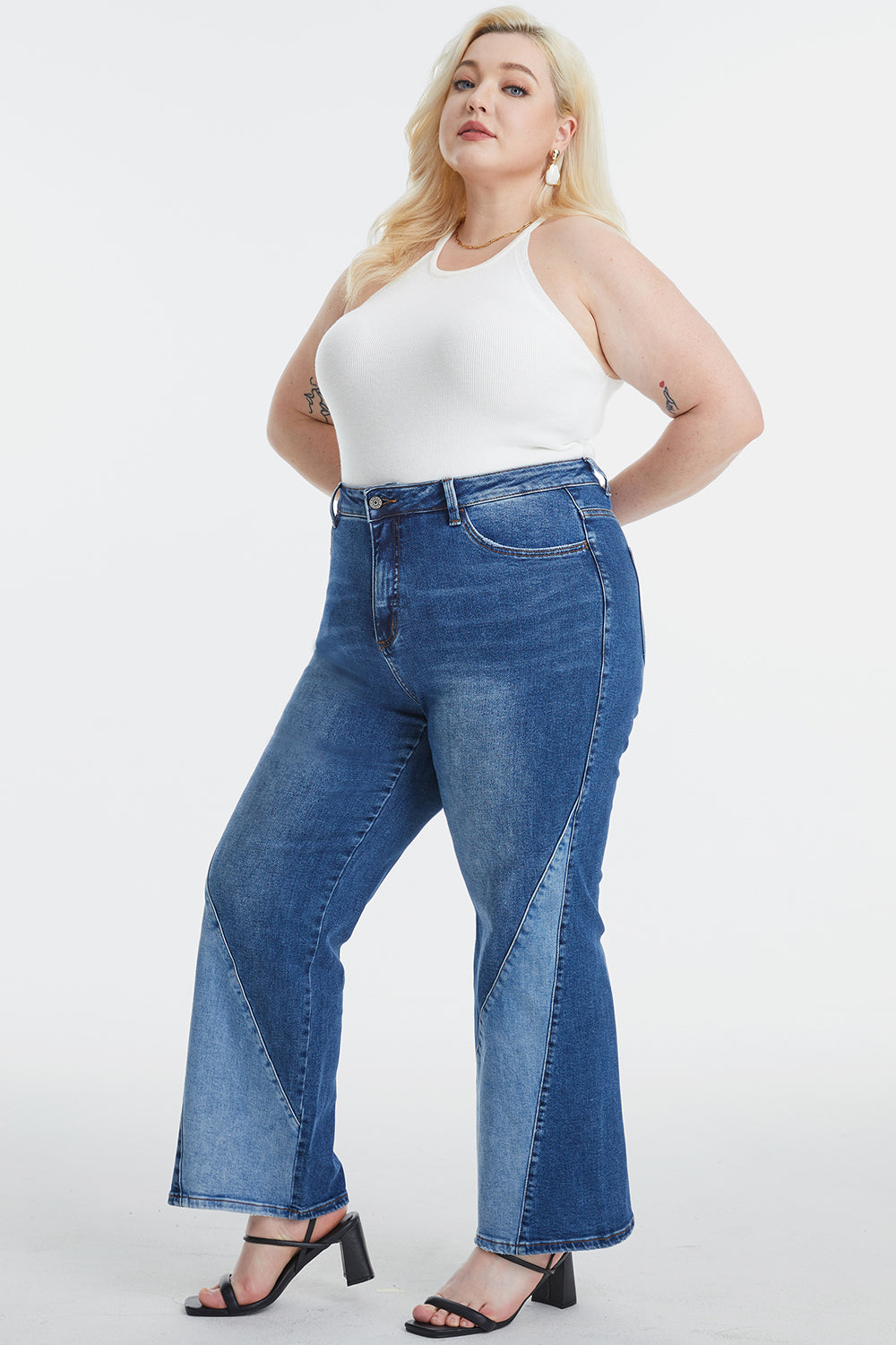 BAYEAS Full Size High Waist Two-Tones Patched Wide Leg Jeans BLUE ZONE PLANET