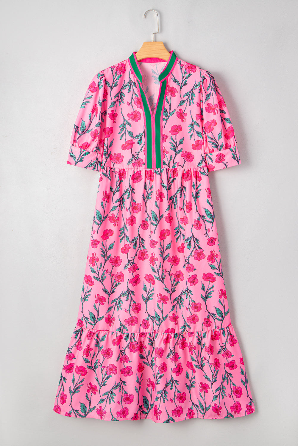 Pink Floral Contrast Neckline A-line Puff Sleeve Long Dress-Dresses/Maxi Dresses-[Adult]-[Female]-2022 Online Blue Zone Planet