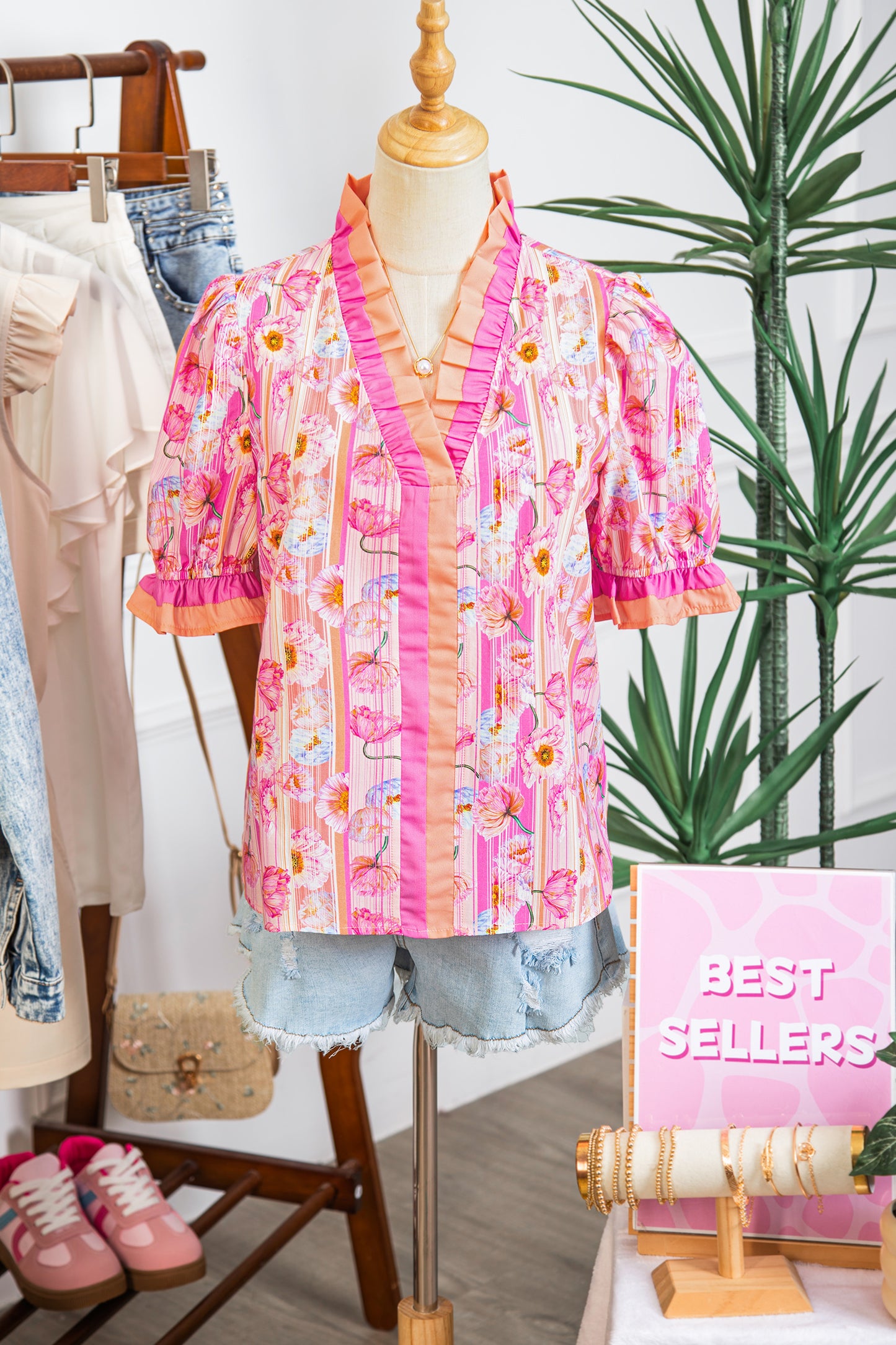 Pink Poppy Flower Striped Print Color Block Trim V Neck Short Sleeve Blouse-Tops/Blouses & Shirts-[Adult]-[Female]-2022 Online Blue Zone Planet