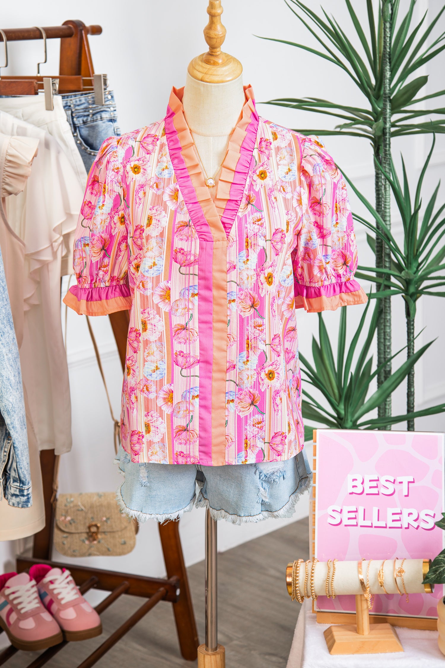 Pink Poppy Flower Striped Print Color Block Trim V Neck Short Sleeve Blouse-Tops/Blouses & Shirts-[Adult]-[Female]-2022 Online Blue Zone Planet