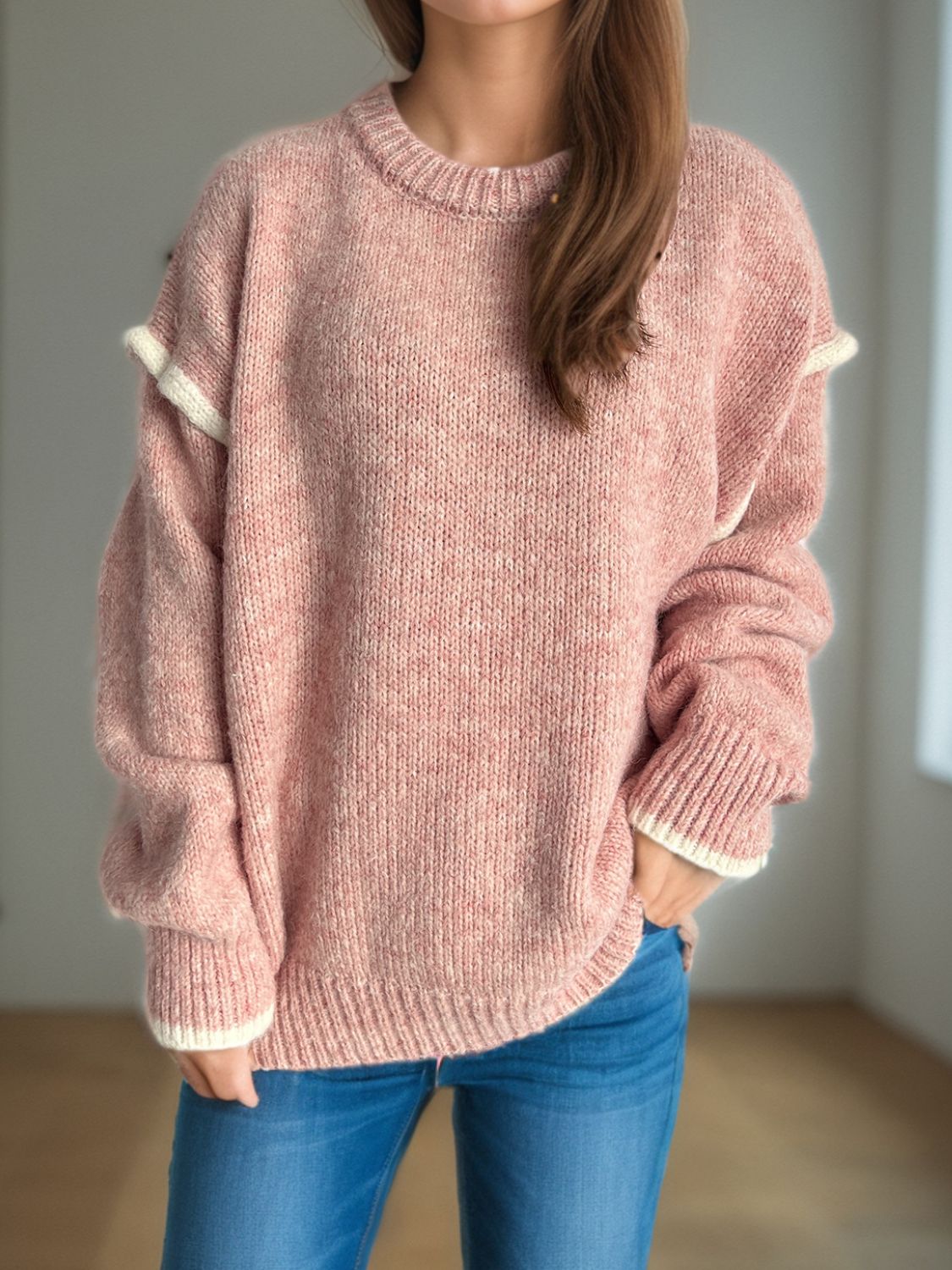 Blue Zone Planet | Contrast Trim Round Neck Dropped Shoulder Sweater-TOPS / DRESSES-[Adult]-[Female]-Dusty Pink-One Size-2022 Online Blue Zone Planet