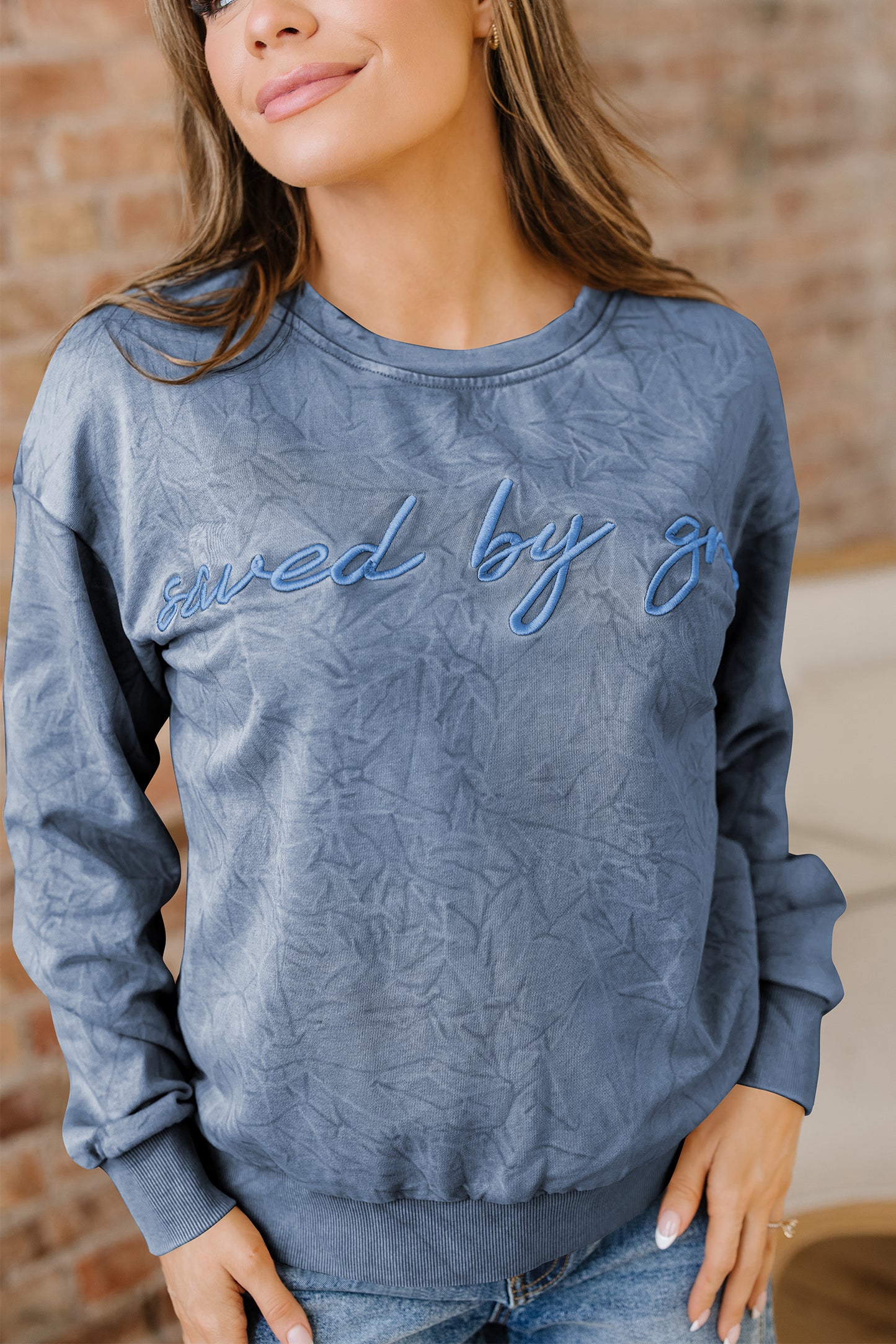 Real Teal Saved By Grace Letter Embroidery Mineral Wash Loose Sweatshirt-Tops/Sweatshirts & Hoodies-[Adult]-[Female]-2022 Online Blue Zone Planet