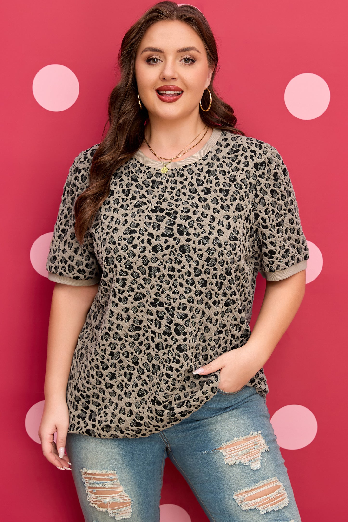 Khaki Leopard Print Textured Plus Size T Shirt-Plus Size/Plus Size Tops/Plus Size Tops & Tees-[Adult]-[Female]-2022 Online Blue Zone Planet