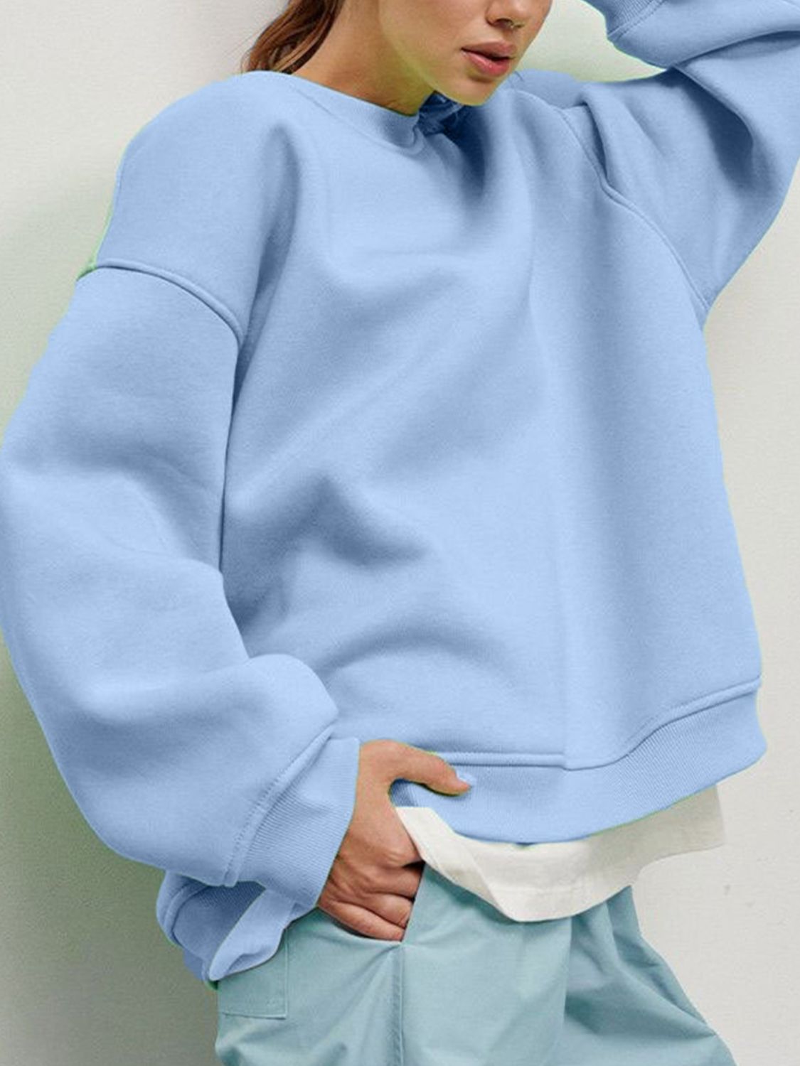 Round Neck Dropped Shoulder Long Sleeve Sweatshirt-TOPS / DRESSES-[Adult]-[Female]-Light Blue-M-2022 Online Blue Zone Planet