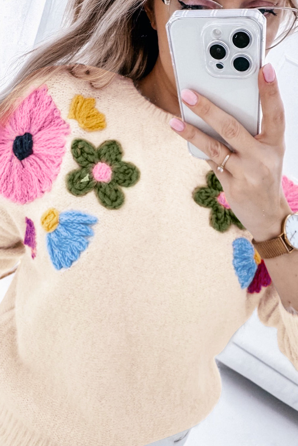 Blue Zone Planet | Beige Plus Size Crochet Flower Pullover Sweater-Plus Size/Plus Size Sweaters & Cardigans-[Adult]-[Female]-2022 Online Blue Zone Planet