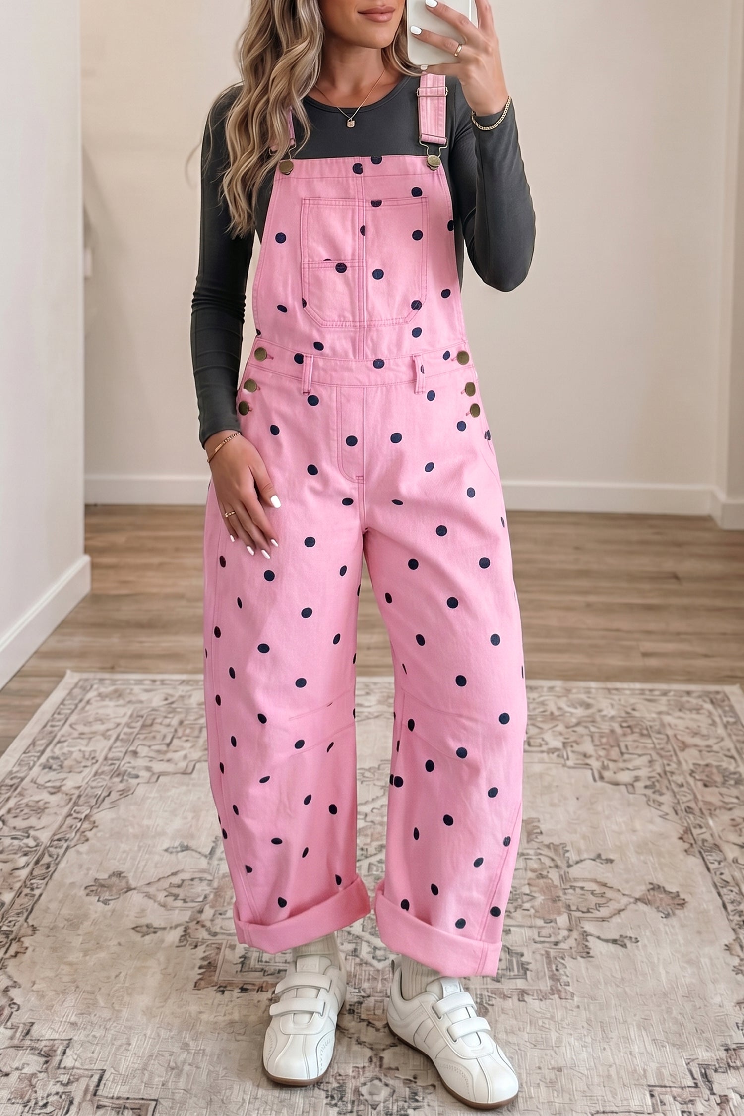 Jet Stream Polka Dot Print Bib Pocket Denim Barrel Overalls Jumpsuit-Bottoms/Jumpsuits & Rompers-[Adult]-[Female]-2022 Online Blue Zone Planet