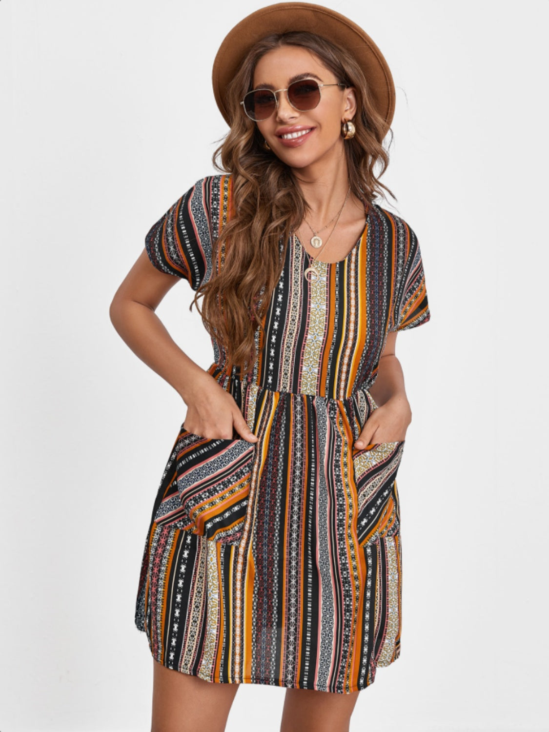 Pocketed Striped Short Sleeve Dress-TOPS / DRESSES-[Adult]-[Female]-Multicolor-S-2022 Online Blue Zone Planet