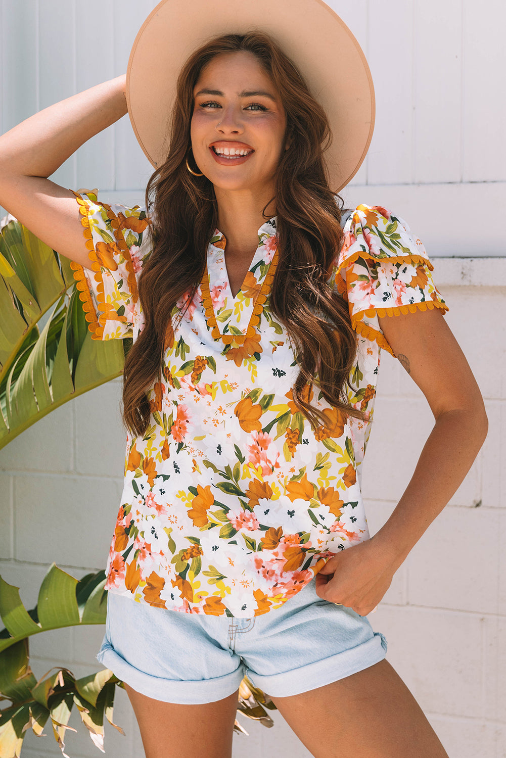 Russet Orange Ruffled V Neck Scalloped Short Sleeve Floral Blouse-Tops/Blouses & Shirts-[Adult]-[Female]-2022 Online Blue Zone Planet