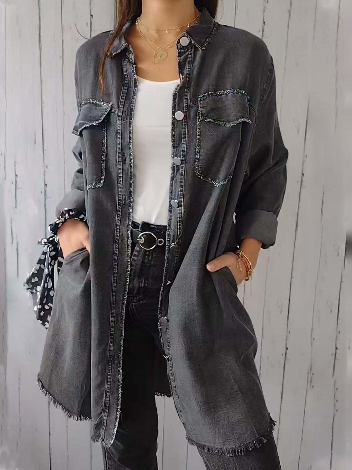 Full Size Raw Hem Button Up Long Sleeve Denim Top Plus Size-TOPS / DRESSES-[Adult]-[Female]-2022 Online Blue Zone Planet