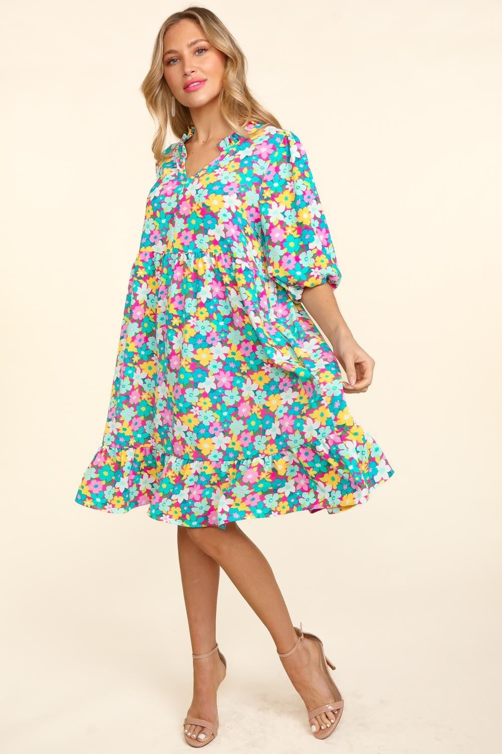 Haptics Bubble Sleeve Floral Ruffled Dress-TOPS / DRESSES-[Adult]-[Female]-2022 Online Blue Zone Planet