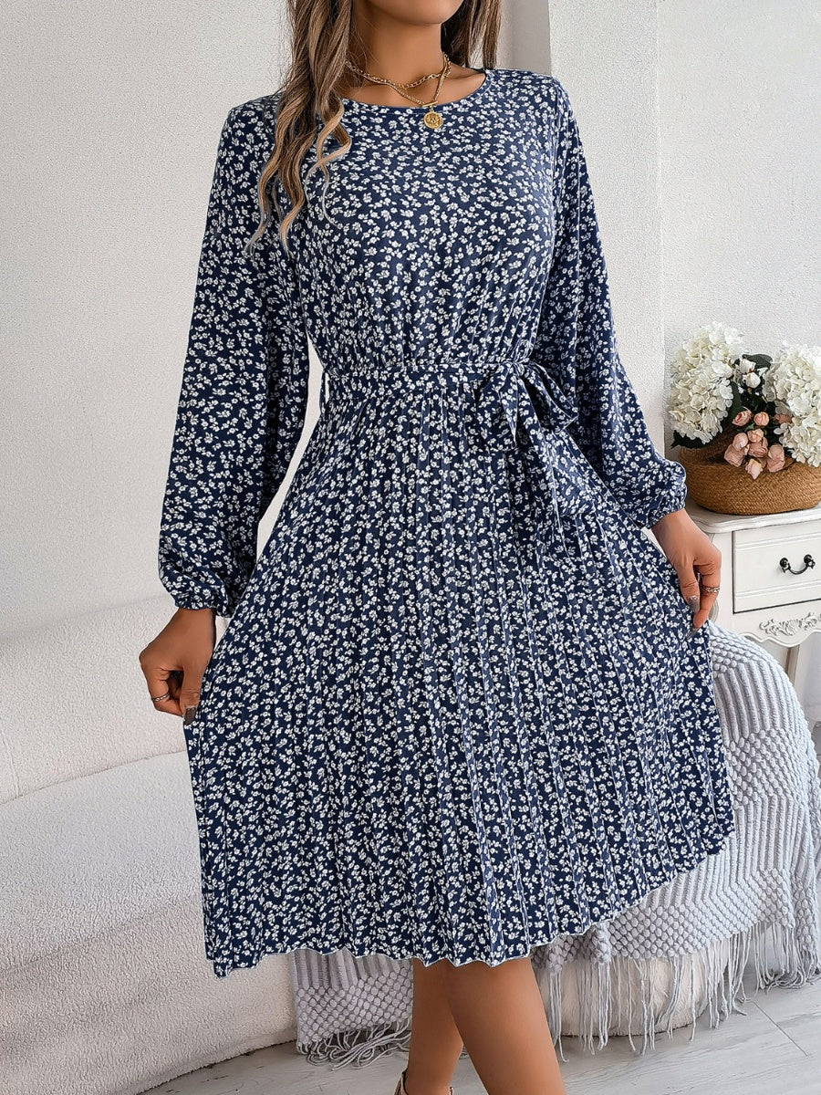 Ditsy Floral Tie Waist Pleated Dress BLUE ZONE PLANET