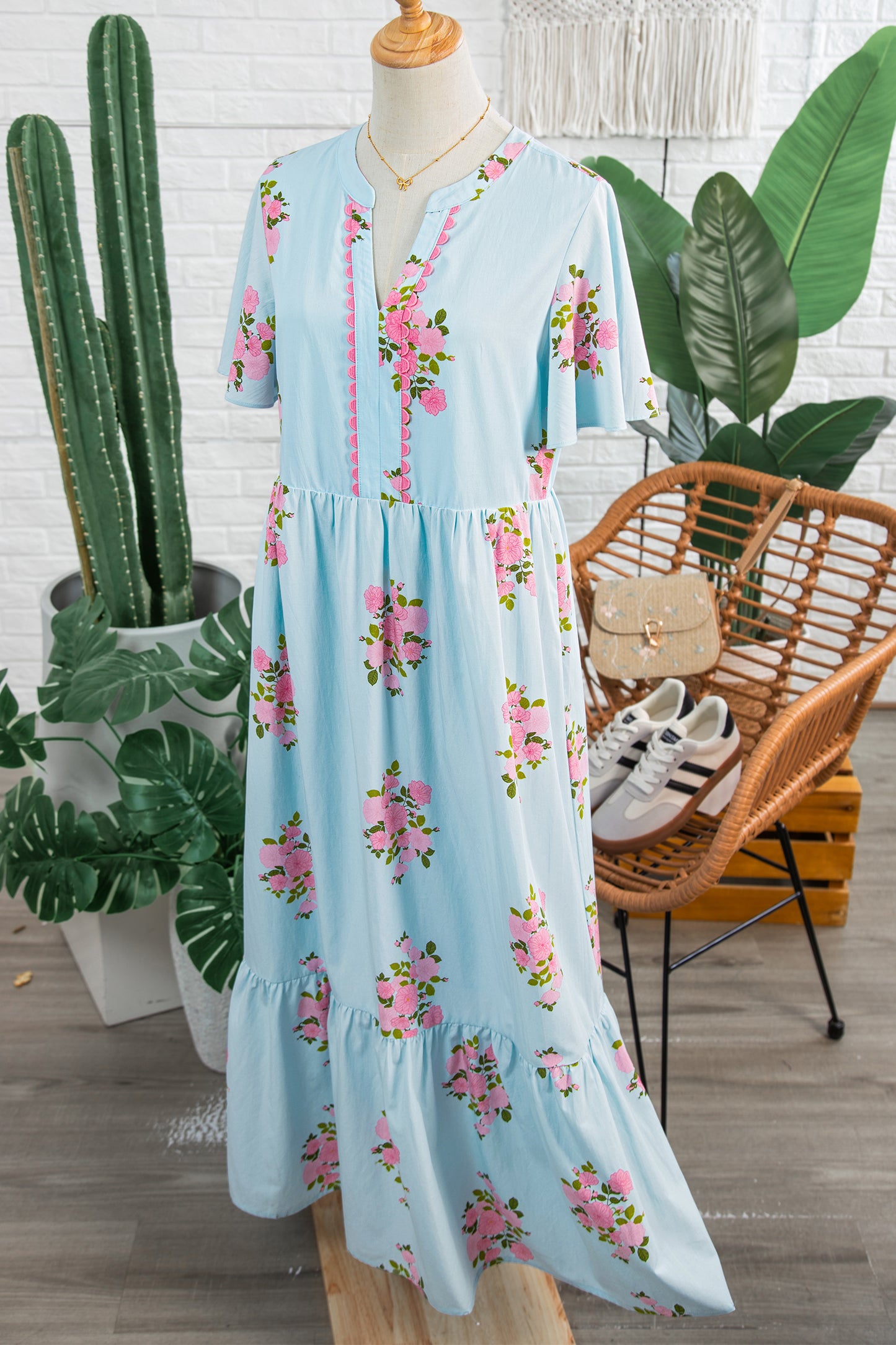 Sky Blue Notched Neck Flutter Short Sleeve Floral Print Maxi Dress-TOPS / DRESSES-[Adult]-[Female]-2022 Online Blue Zone Planet