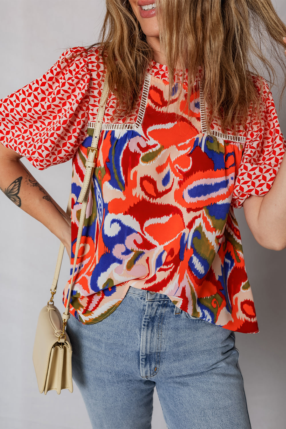Red Paisley Geometric Mixed Print Patchwork Puff Sleeve Blouse Top-Tops/Blouses & Shirts-[Adult]-[Female]-2022 Online Blue Zone Planet