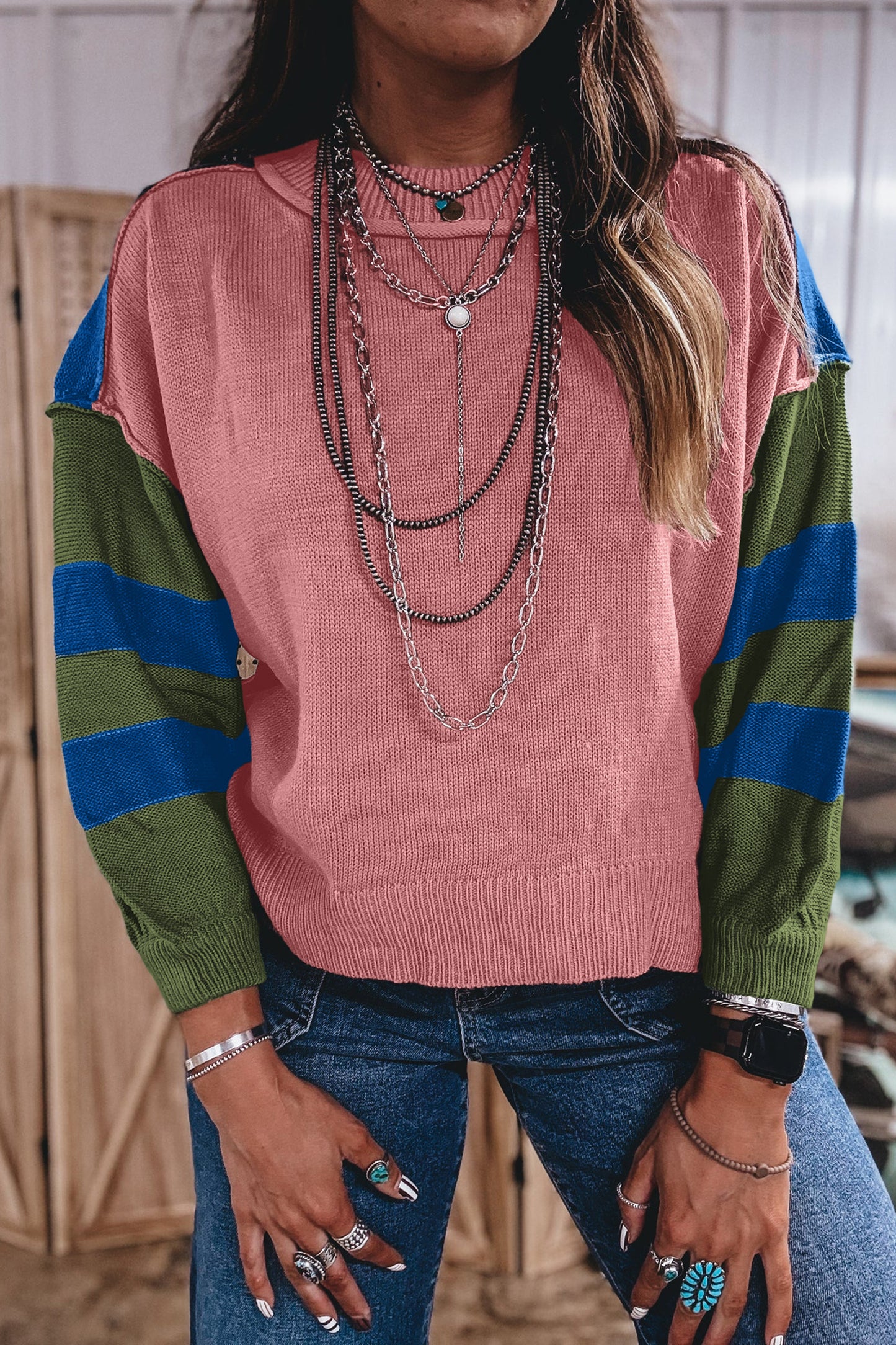 Multicolour Western Colorblock Patchwork Striped Long Sleeve Pullover Sweater-Sweaters & Cardigans/Sweaters-[Adult]-[Female]-2022 Online Blue Zone Planet