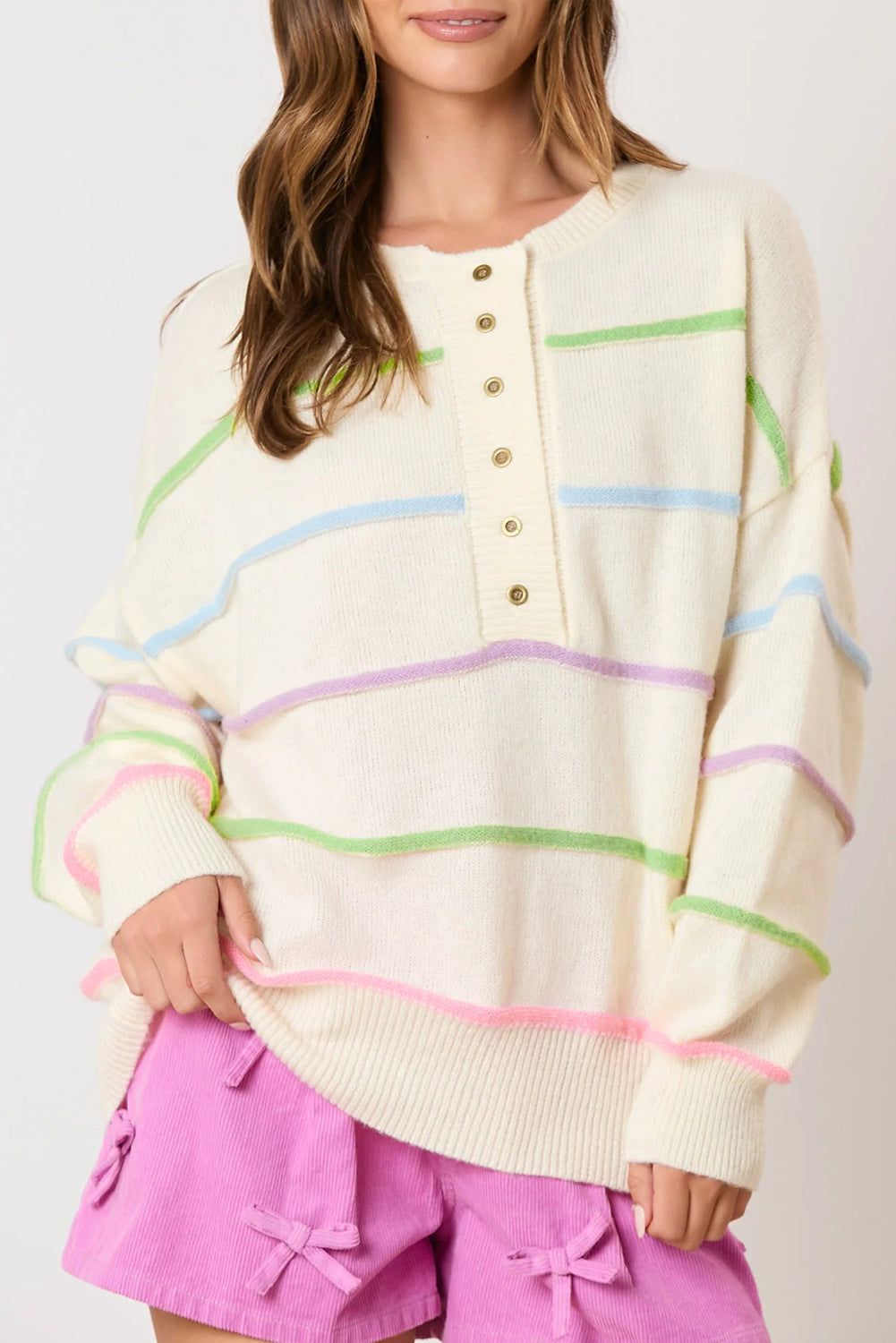 White Rainbow Stripes Drop Shoulder Baggy Henley Sweater-Sweaters & Cardigans/Sweaters-[Adult]-[Female]-White-S-2022 Online Blue Zone Planet