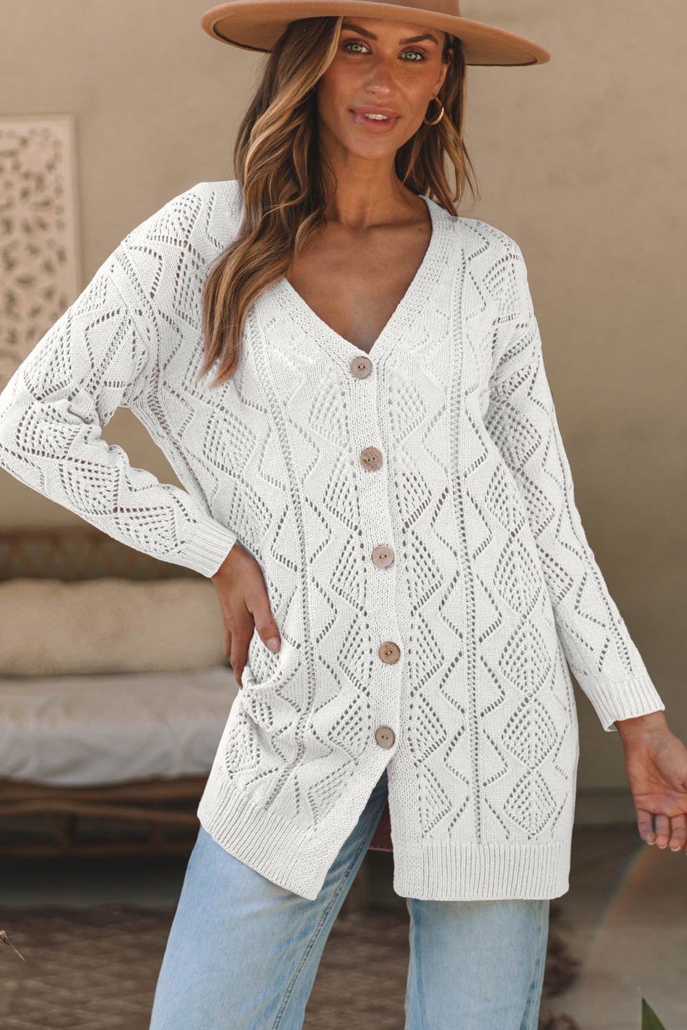 White Hollow-out Openwork Knit Cardigan-Sweaters & Cardigans/Cardigans-[Adult]-[Female]-2022 Online Blue Zone Planet