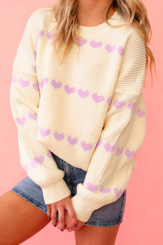 Pink Heart Pattern Ribbed Round Neck Knit Sweater-TOPS / DRESSES-[Adult]-[Female]-Pink-L-2022 Online Blue Zone Planet