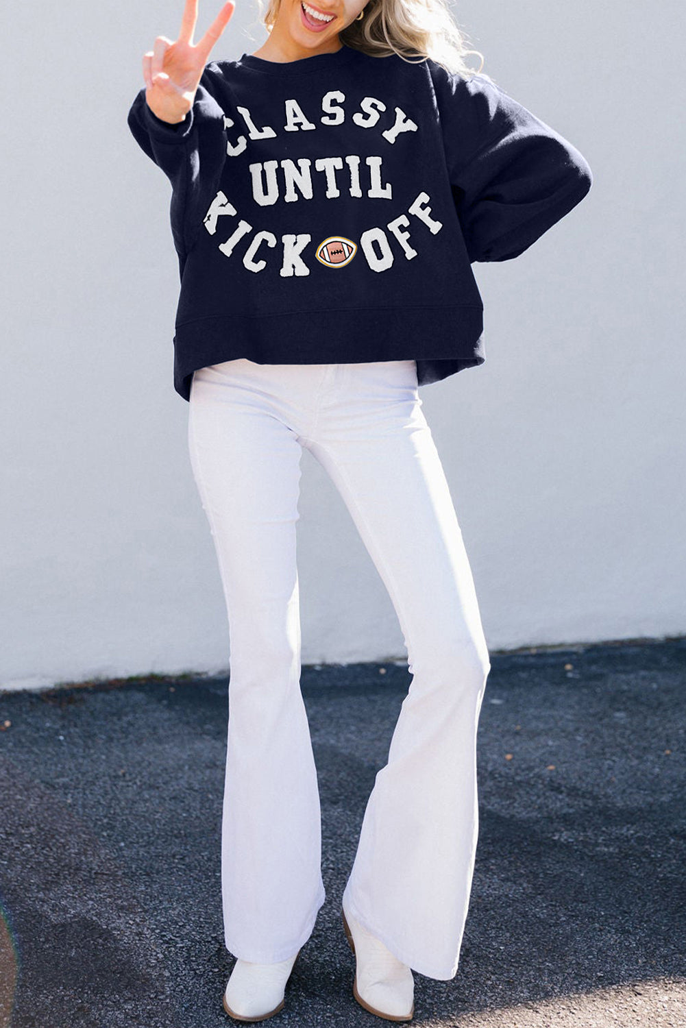Navy Blue Classy Until Kickoff Plush Letter Patched Loose Sweatshirt-Tops/Sweatshirts & Hoodies-[Adult]-[Female]-2022 Online Blue Zone Planet