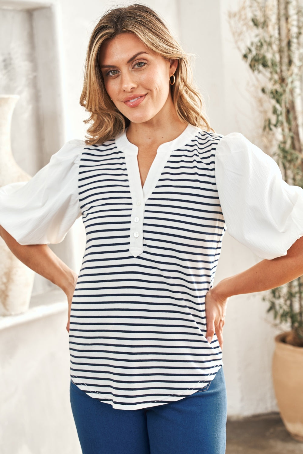 Hailey & Co Striped Contrast Puff Sleeve Top-TOPS / DRESSES-[Adult]-[Female]-Off White-S-2022 Online Blue Zone Planet