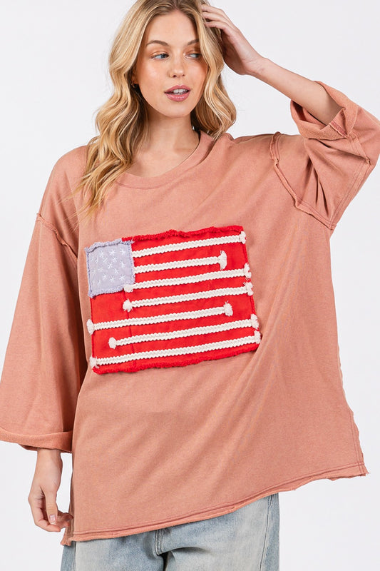 SAGE + FIG Full Size American Flag Patch Drop Shoulder T-Shirt-TOPS / DRESSES-[Adult]-[Female]-Indian Pink-S-2022 Online Blue Zone Planet