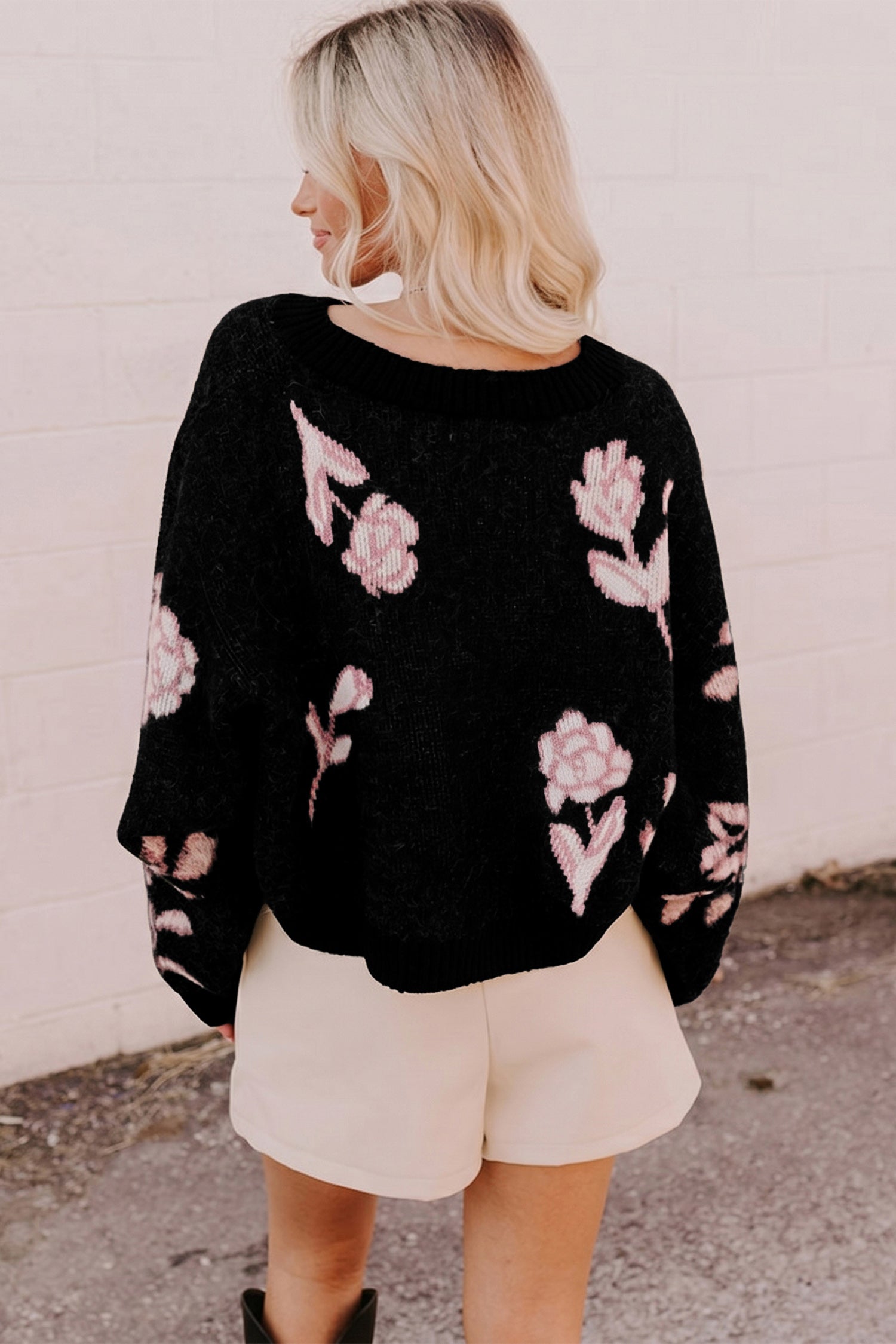 Black Floral Pattern Puff Sleeve Dropped Shoulder Pullover Sweater-Sweaters & Cardigans/Sweaters-[Adult]-[Female]-2022 Online Blue Zone Planet