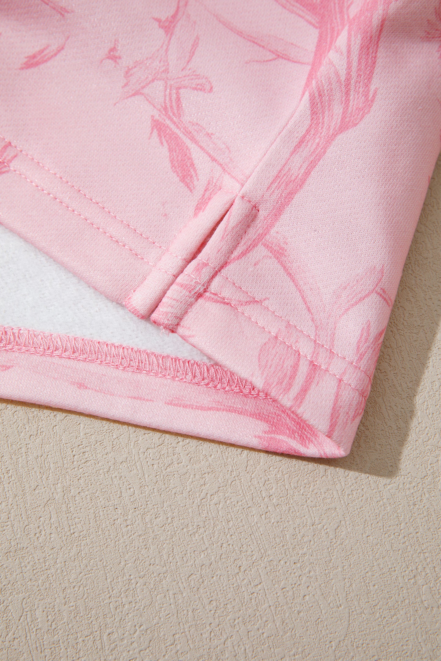 Pink Abstract Print Ribbed Crewneck Long Sleeve Top Elastic Waist Short Set-Two Piece Sets/Short Sets-[Adult]-[Female]-2022 Online Blue Zone Planet