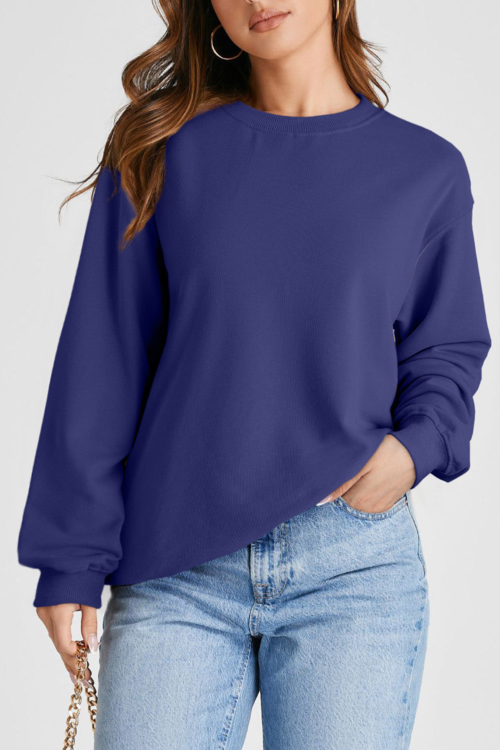 Navy Blue Plain Drop Shoulder Crewneck Pullover Sweatshirt-Tops/Sweatshirts & Hoodies-[Adult]-[Female]-Navy Blue-S-2022 Online Blue Zone Planet