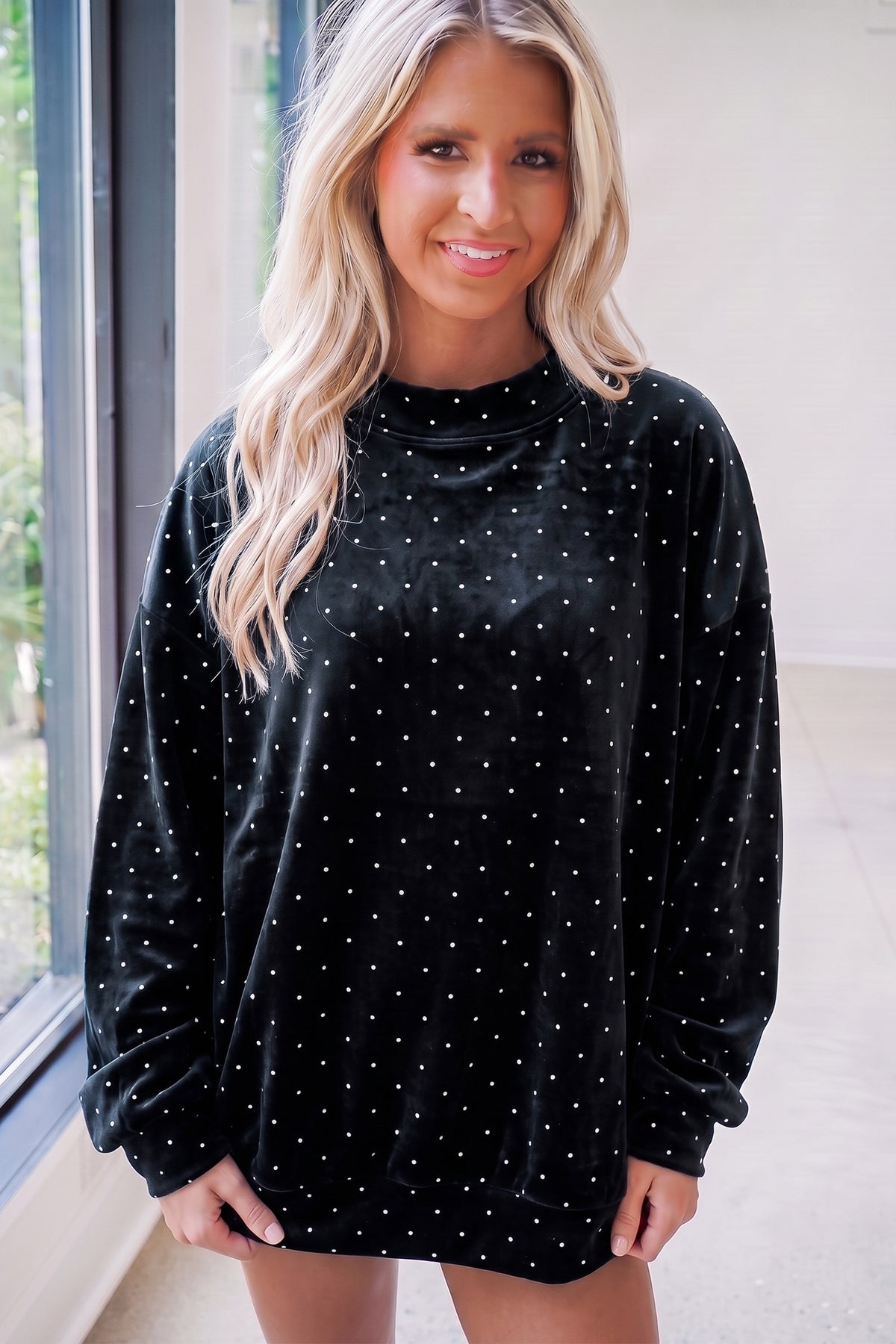 Red Velvet Polka Dot High Neck Tunic Pullover Sweatshirt-Tops/Sweatshirts & Hoodies-[Adult]-[Female]-2022 Online Blue Zone Planet