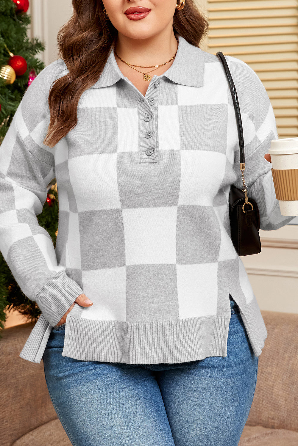 Gray Plus Size Checkered Pattern Button Polo Collar Split Sweater-TOPS / DRESSES-[Adult]-[Female]-2022 Online Blue Zone Planet