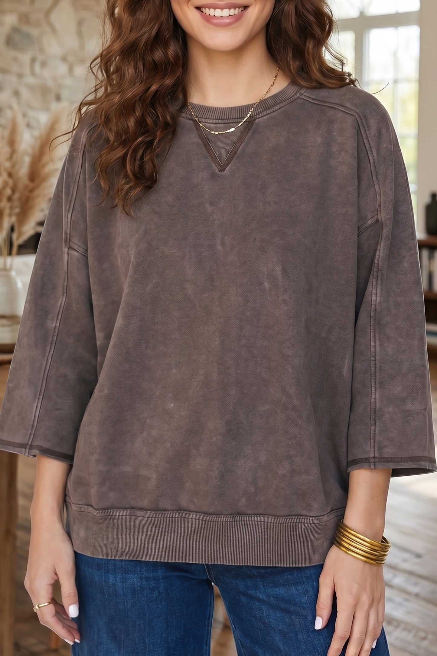 Dark Brown 3/4 Sleeve Mineral Wash Loose Cotton Top