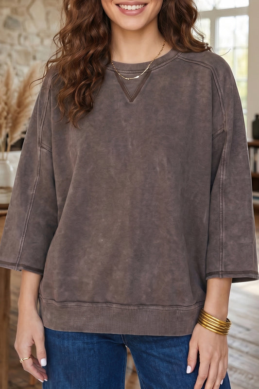 Dark Brown 3/4 Sleeve Mineral Wash Loose Cotton Top-Tops/Long Sleeve Tops-[Adult]-[Female]-Dark Brown-S-2022 Online Blue Zone Planet