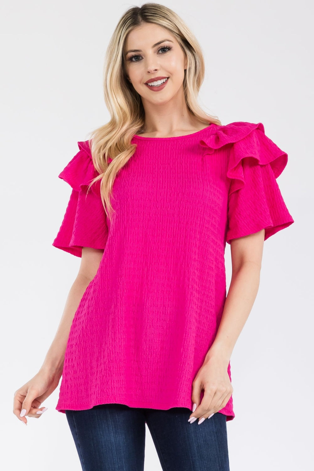 Celeste Full Size Ruffle Layered Short Sleeve Texture Top-TOPS / DRESSES-[Adult]-[Female]-2022 Online Blue Zone Planet