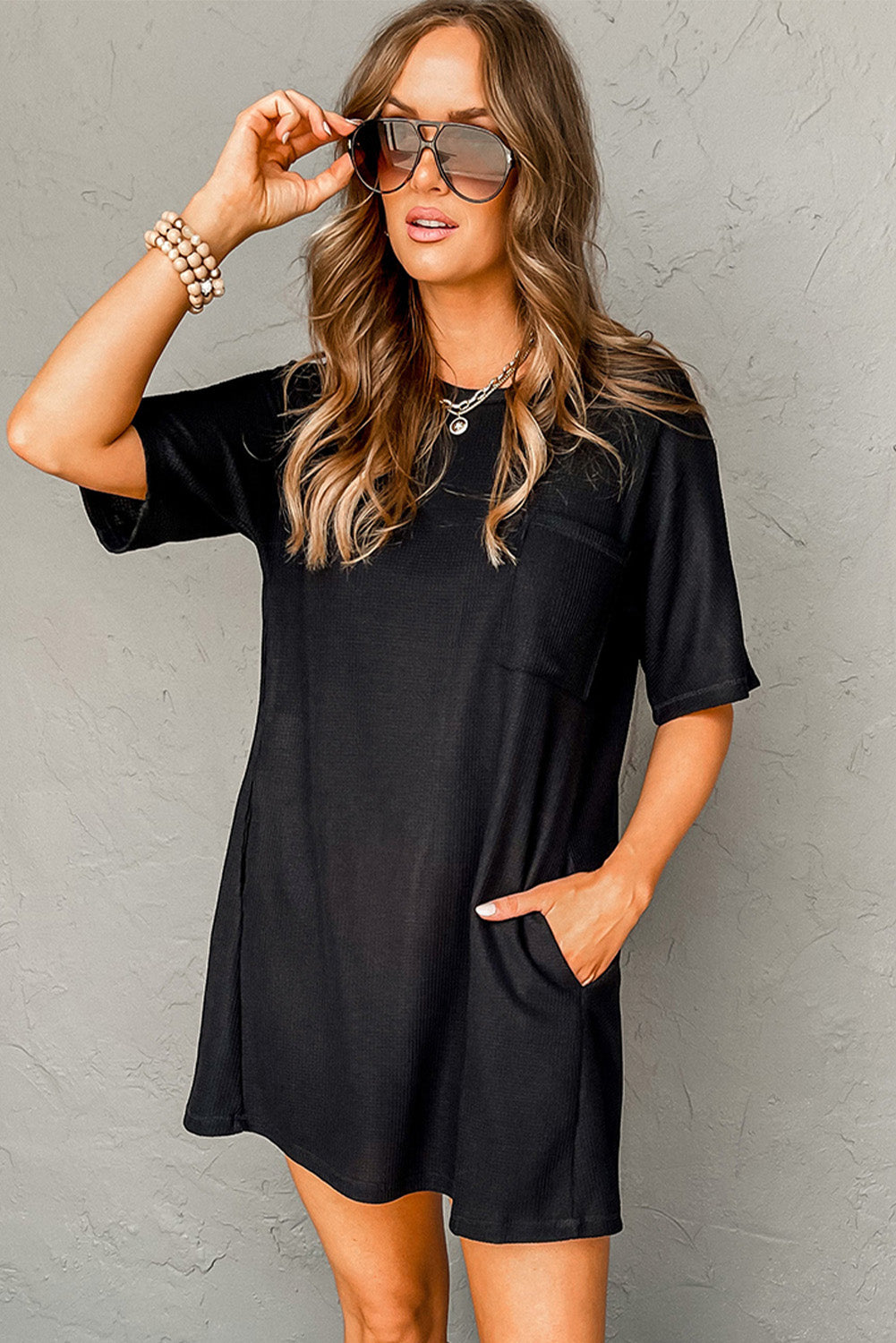 Black Waffle Knit T-shirt Dress with Pockets Blue Zone Planet