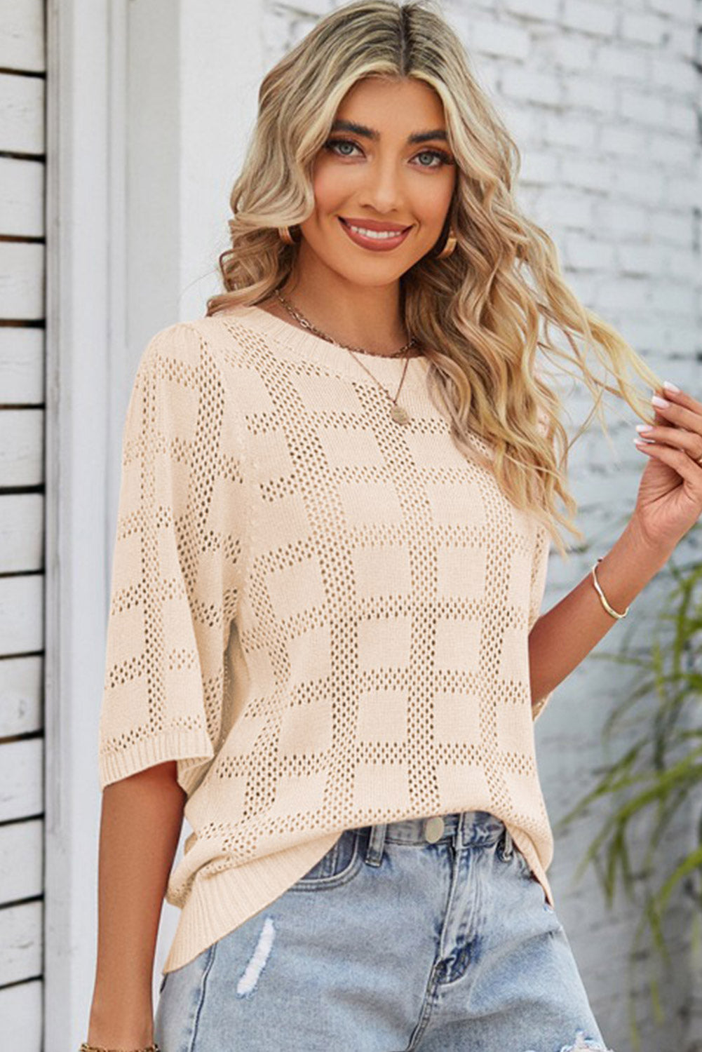 Apricot Plaid Pattern Crochet Knit Short Sleeve Sweater-Sweaters & Cardigans/Short Sleeve Sweaters-[Adult]-[Female]-2022 Online Blue Zone Planet