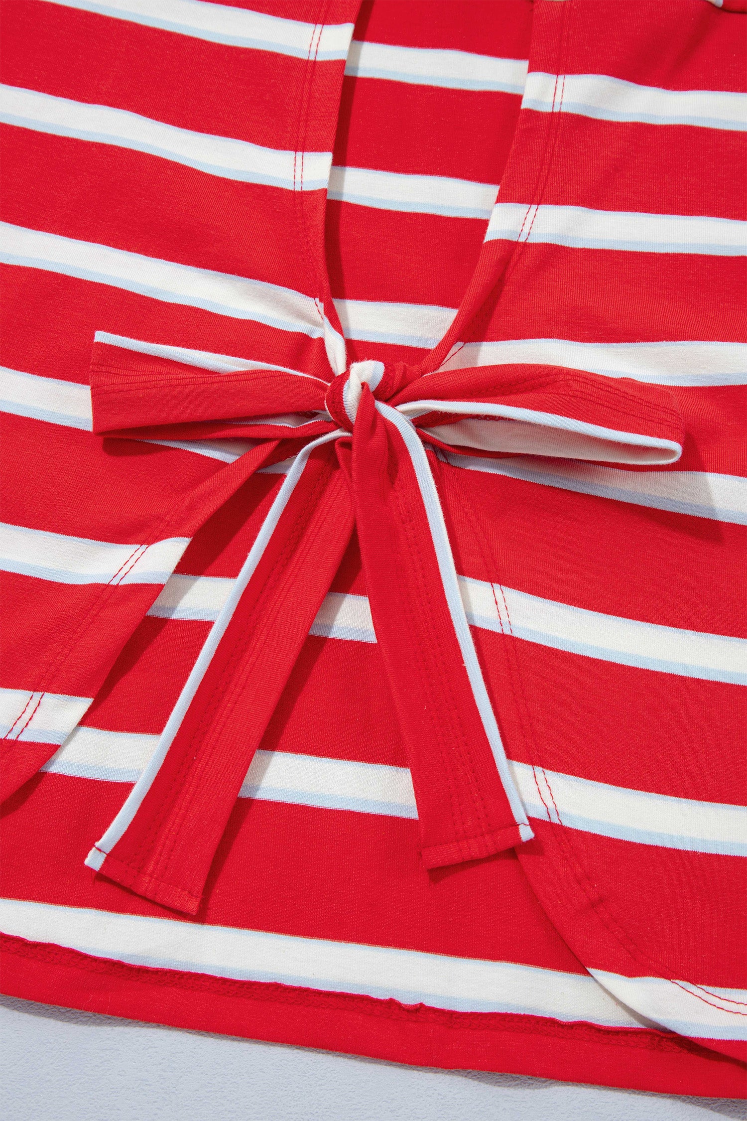 Racing Red Striped Bow Tie Hollowed Back 7/8 Sleeve Casual T-Shirt-Tops/Long Sleeve Tops-[Adult]-[Female]-2022 Online Blue Zone Planet