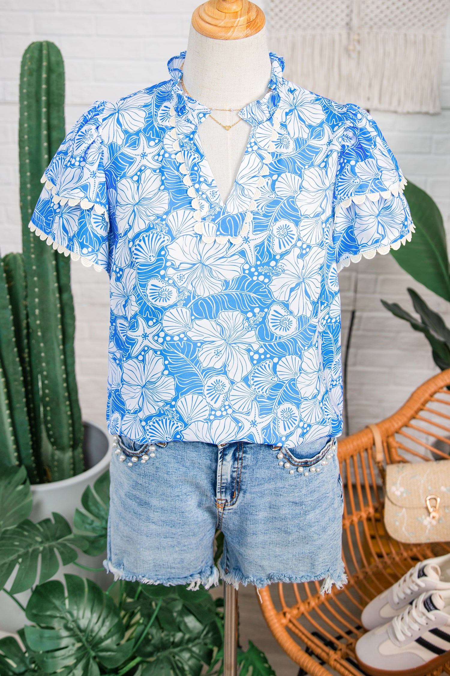 Sky Blue Oceanic Floral Print Scalloped Trim V Neck Short Sleeve Blouse-Tops/Blouses & Shirts-[Adult]-[Female]-2022 Online Blue Zone Planet