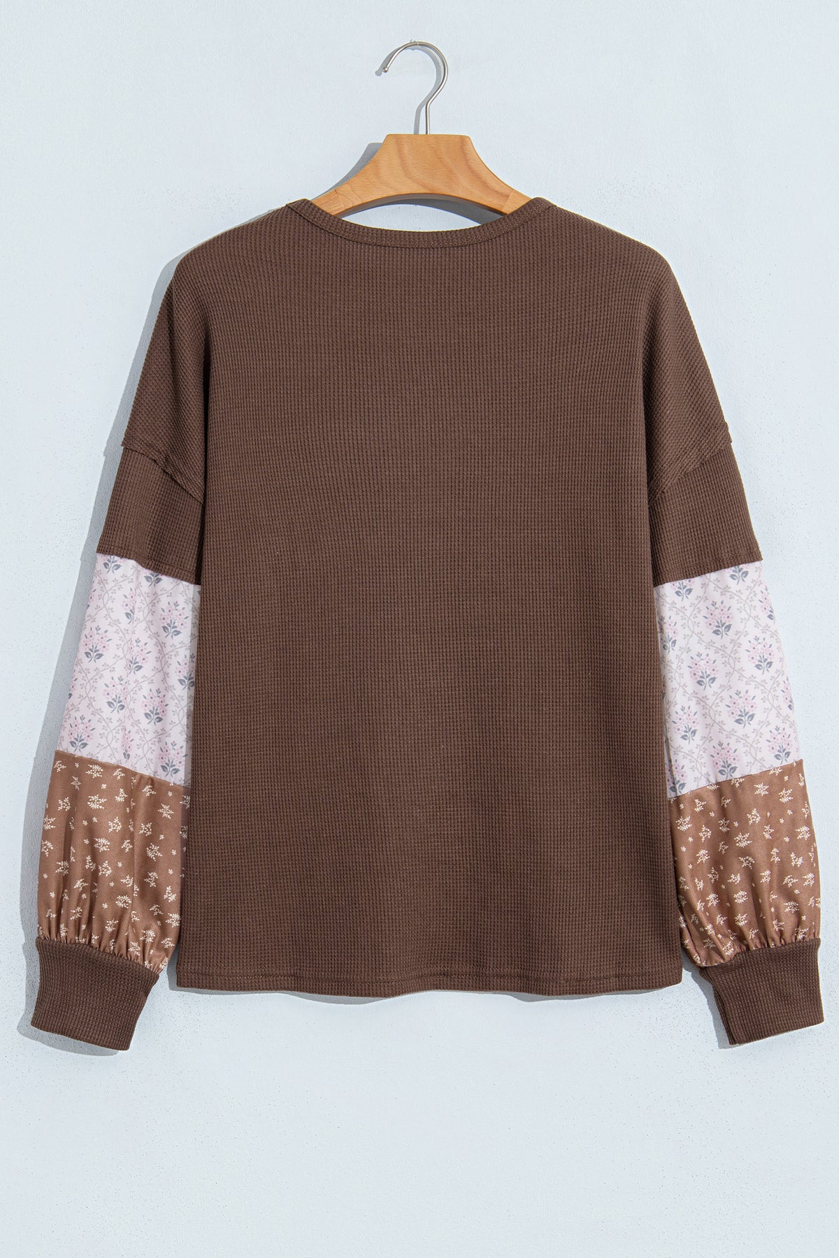 Coffee Floral Print Colorblock Long Sleeve Textured Loose Pullover Tunic Top-Tops/Long Sleeve Tops-[Adult]-[Female]-2022 Online Blue Zone Planet
