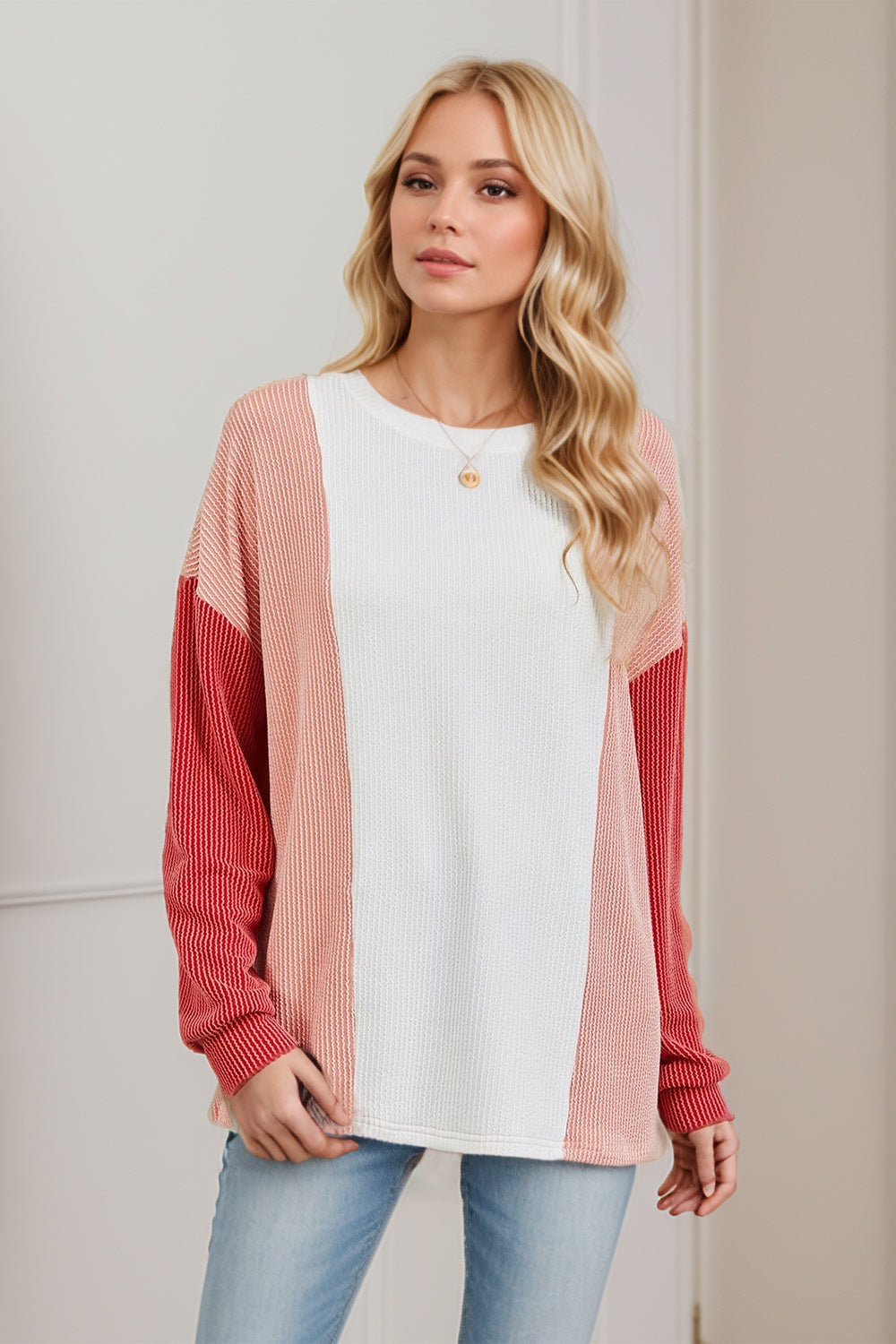 Double Take Texture Contrast Round Neck Long Sleeve T-Shirt-TOPS / DRESSES-[Adult]-[Female]-White-S-2022 Online Blue Zone Planet