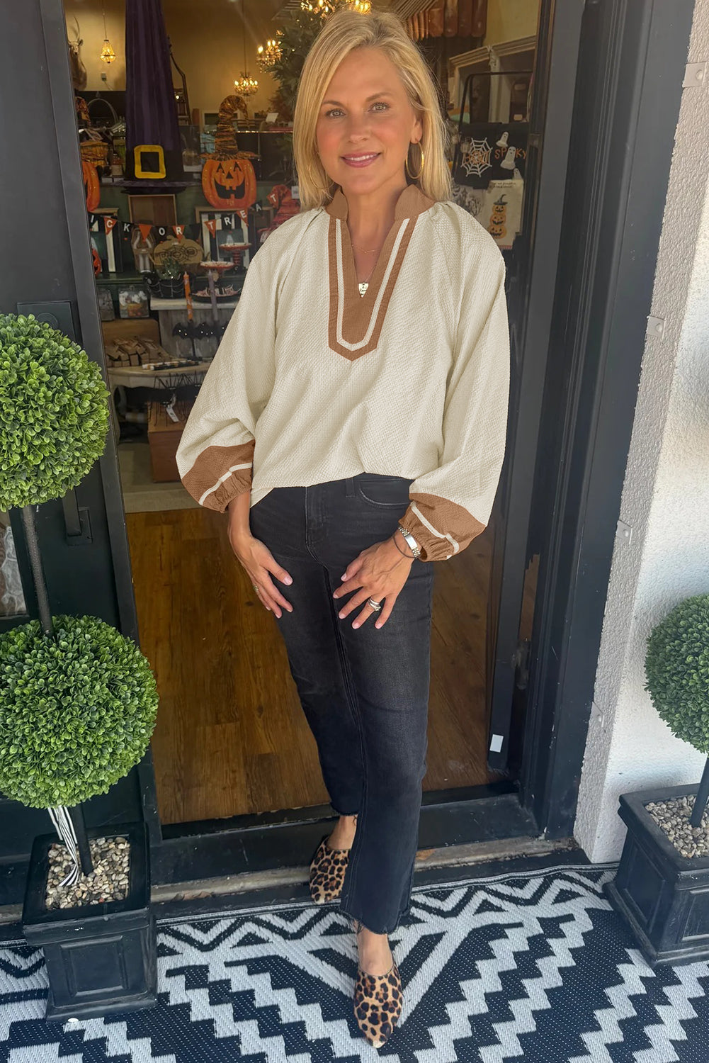 Jet Stream Color Block Patchwork Detail V Neck Textured Long Sleeve Blouse-Tops/Blouses & Shirts-[Adult]-[Female]-2022 Online Blue Zone Planet